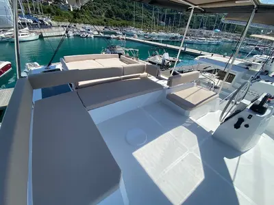 Deck of Mira, a Bali 4.6 catamaran at Olbia, Italy