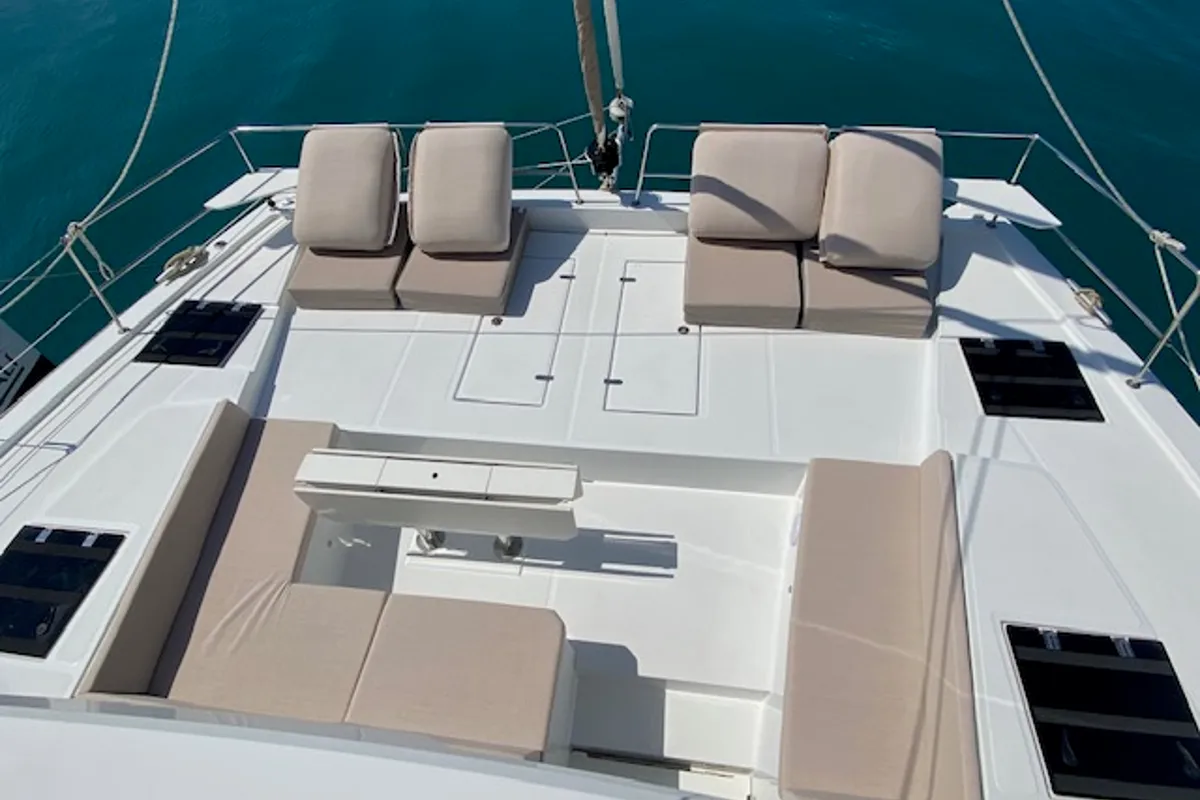 Deck of Mira, a Bali 4.6 catamaran at Olbia, Italy