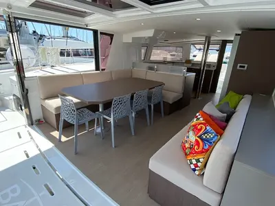 Salon of Mira, a Bali 4.6 catamaran at Olbia, Italy