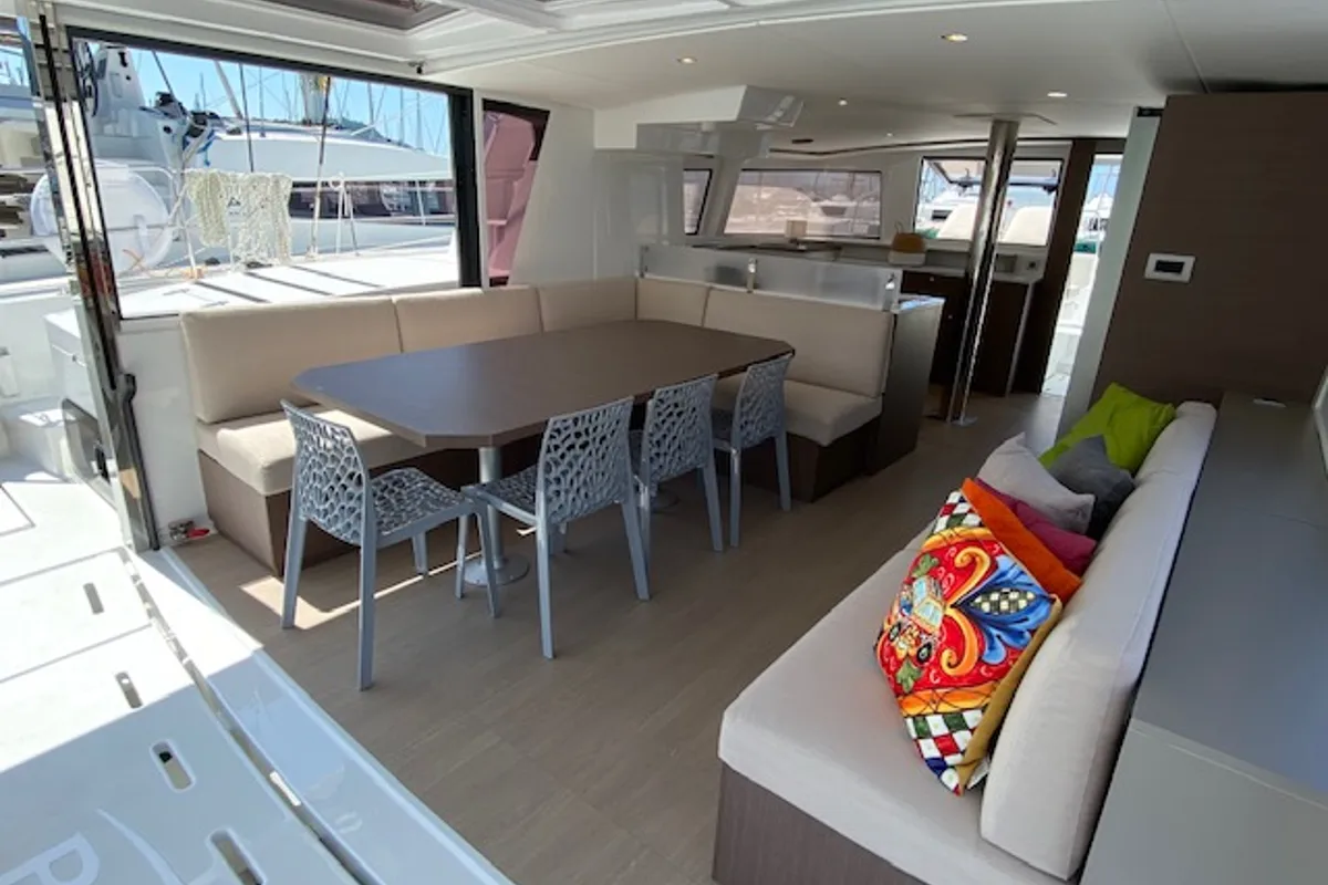 Salon of Mira, a Bali 4.6 catamaran at Olbia, Italy