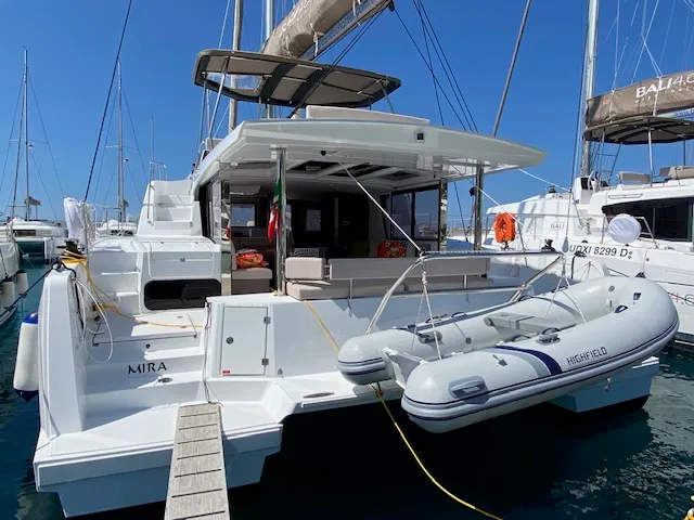 Exterior view of Mira, a Bali 4.6 catamaran at Olbia, Italy