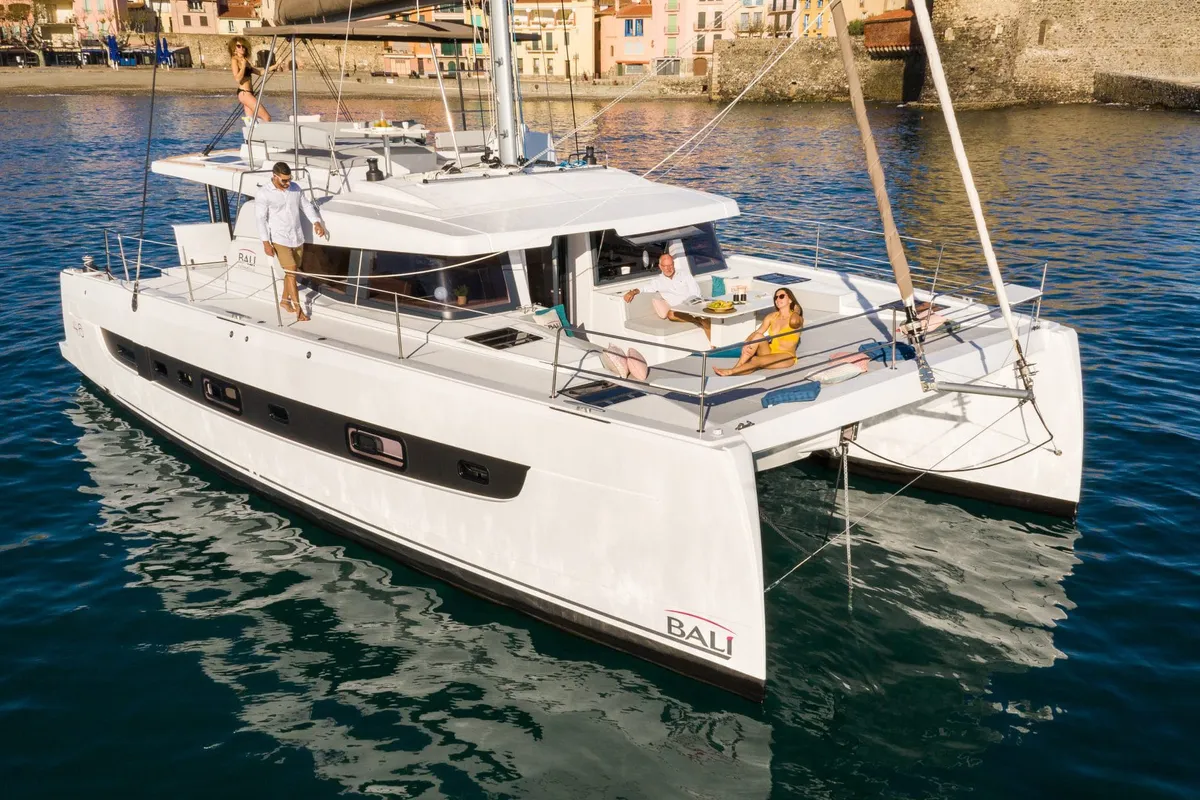 Exterior view of Mira, a Bali 4.6 catamaran at Olbia, Italy