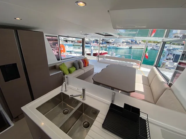 Galley of Mira, a Bali 4.6 catamaran at Olbia, Italy