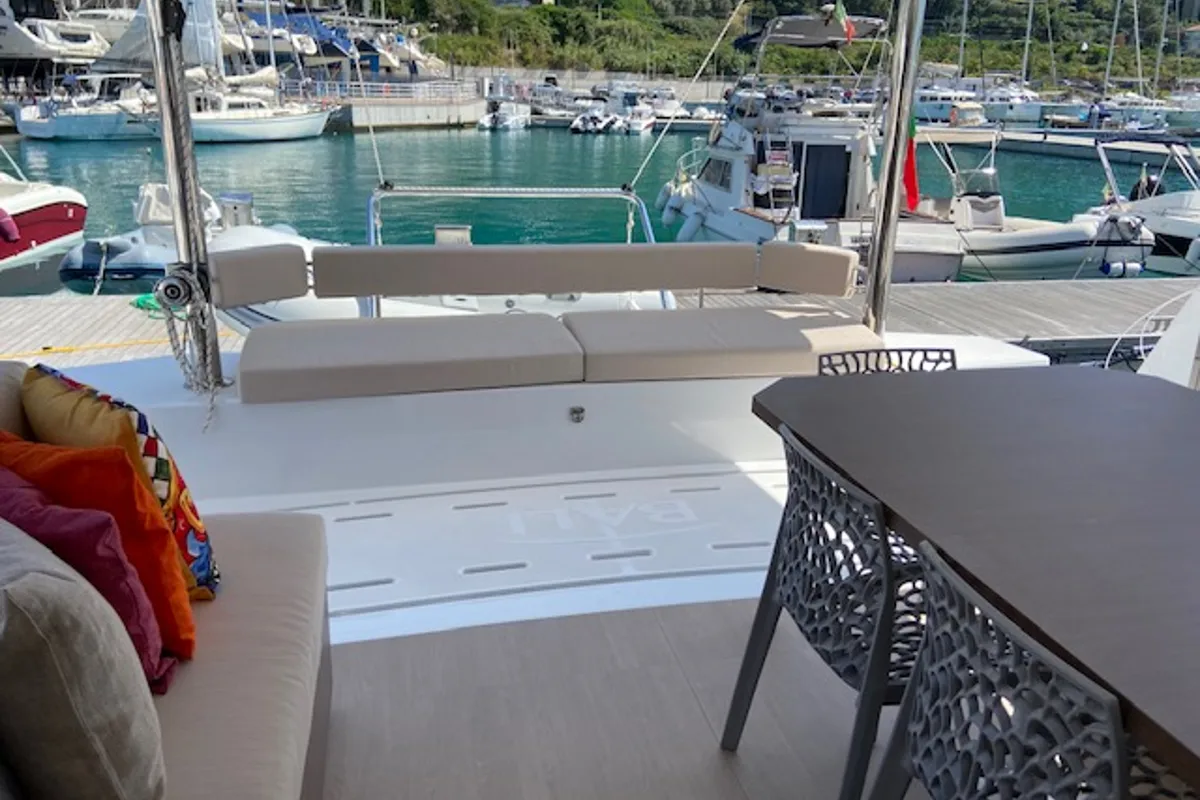 Deck of Mira, a Bali 4.6 catamaran at Olbia, Italy