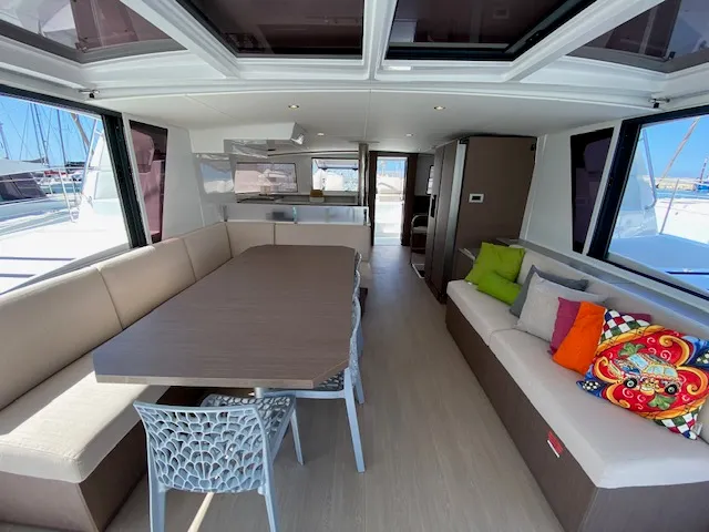 Salon of Mira, a Bali 4.6 catamaran at Olbia, Italy