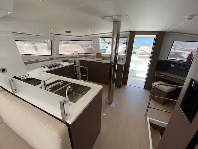 Salon of Mira, a Bali 4.6 catamaran at Olbia, Italy