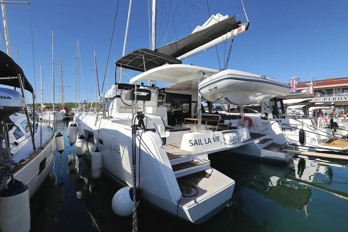 Exterior view of Sail la Vie, a Lagoon 42 catamaran at Pirovac, Croatia