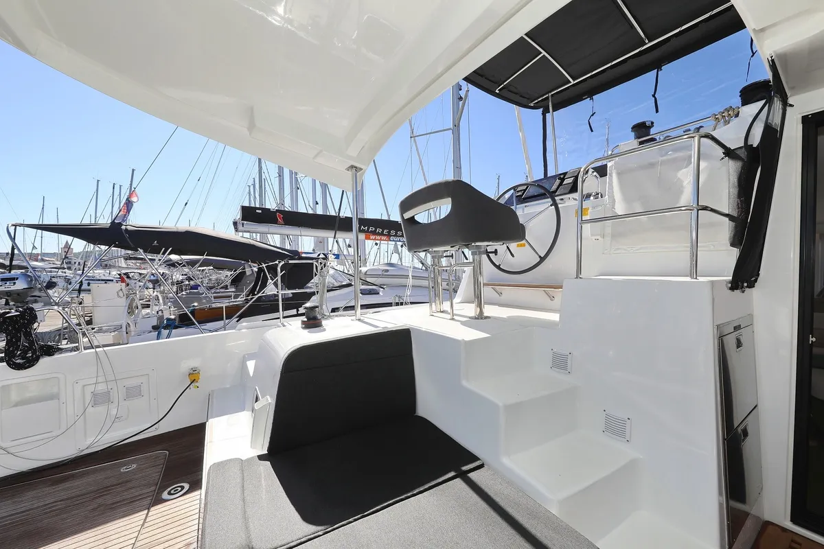 Cockpit of Sail la Vie, a Lagoon 42 catamaran at Pirovac, Croatia