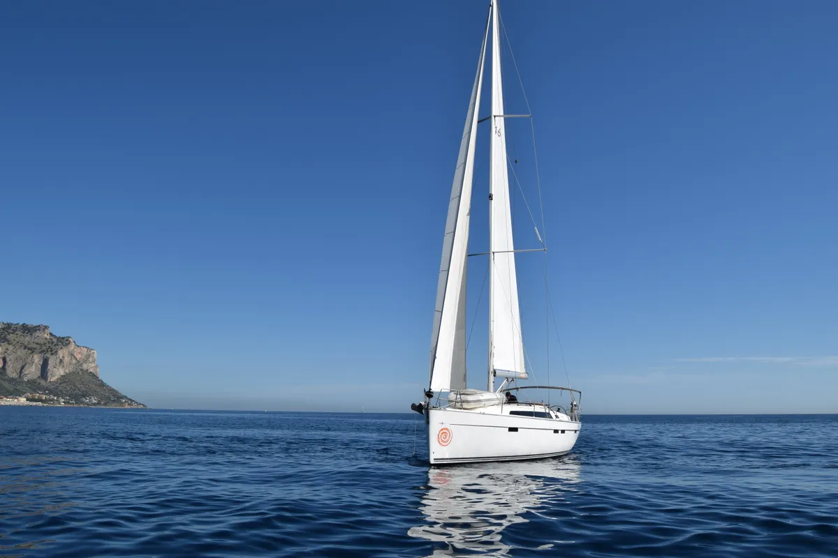 Exterior view of Anfitrite, a Bavaria Cruiser 46 sailboat at Marsala, Italy