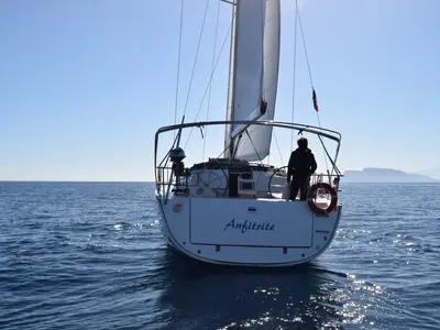 Exterior view of Anfitrite, a Bavaria Cruiser 46 sailboat at Marsala, Italy
