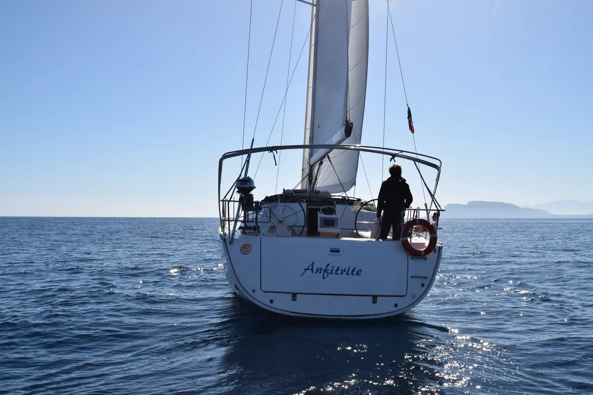 Exterior view of Anfitrite, a Bavaria Cruiser 46 sailboat at Marsala, Italy