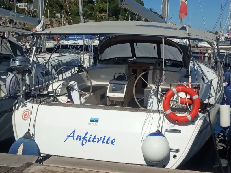 Cockpit of Anfitrite, a Bavaria Cruiser 46 sailboat at Marsala, Italy