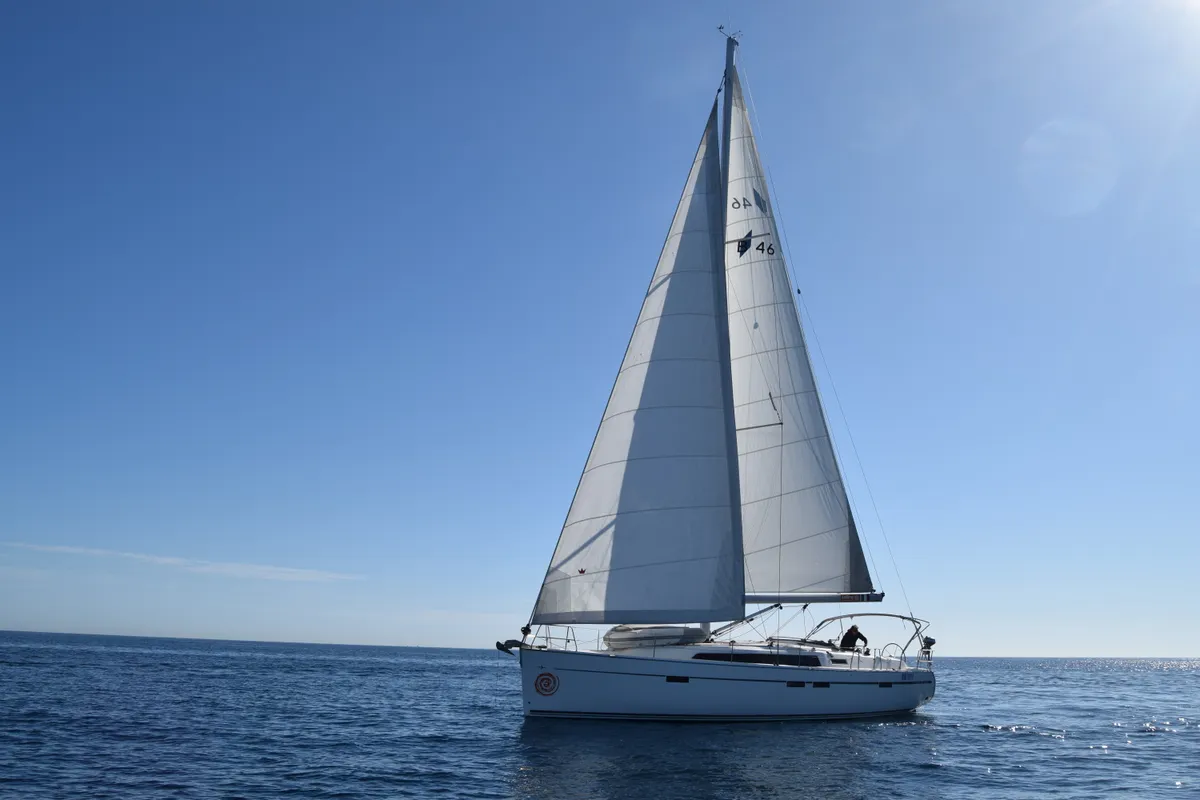Exterior view of Anfitrite, a Bavaria Cruiser 46 sailboat at Marsala, Italy