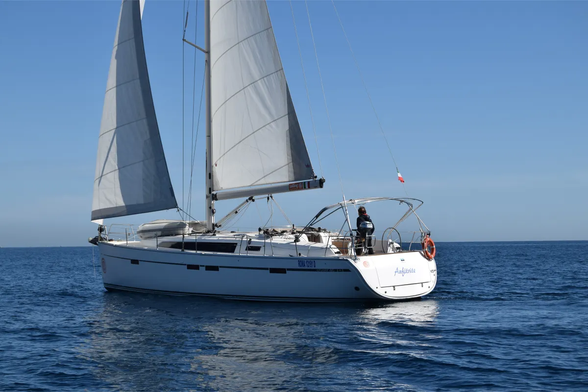 Exterior view of Anfitrite, a Bavaria Cruiser 46 sailboat at Marsala, Italy