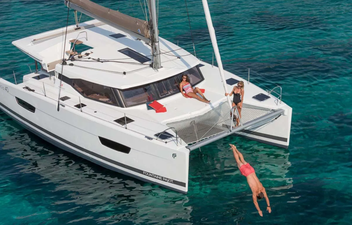 Exterior view of Luna Rossa II, a Fountaine Pajot Lucia 40 catamaran at Municipal Unit of Lefkada, Greece