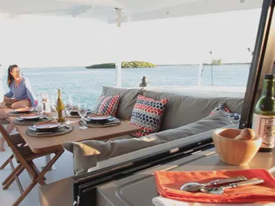 Deck of Luna Rossa II, a Fountaine Pajot Lucia 40 catamaran at Municipal Unit of Lefkada, Greece