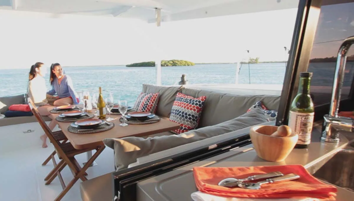 Deck of Luna Rossa II, a Fountaine Pajot Lucia 40 catamaran at Municipal Unit of Lefkada, Greece