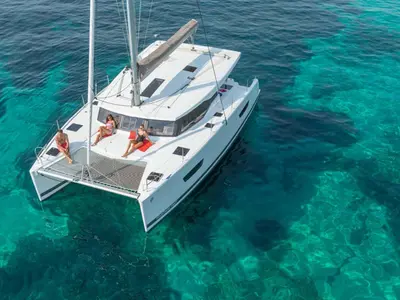 Exterior view of Luna Rossa II, a Fountaine Pajot Lucia 40 catamaran at Municipal Unit of Lefkada, Greece