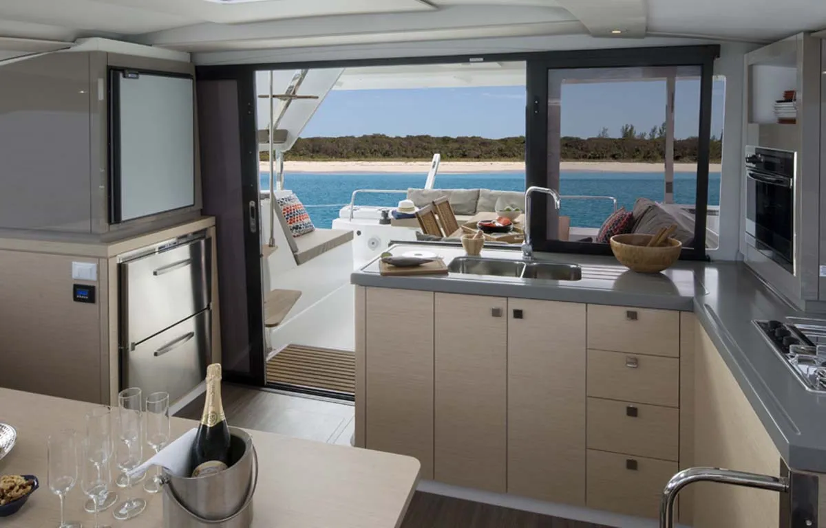 Galley of Luna Rossa II, a Fountaine Pajot Lucia 40 catamaran at Municipal Unit of Lefkada, Greece