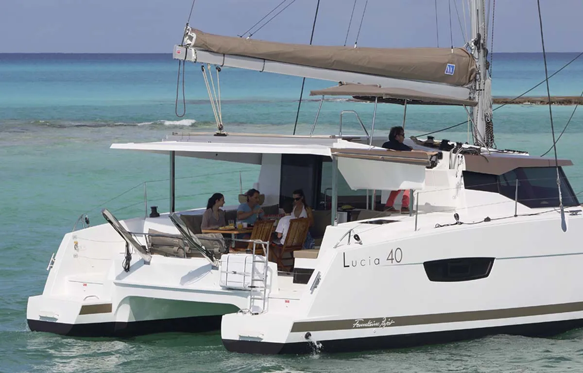 Exterior view of Luna Rossa II, a Fountaine Pajot Lucia 40 catamaran at Municipal Unit of Lefkada, Greece