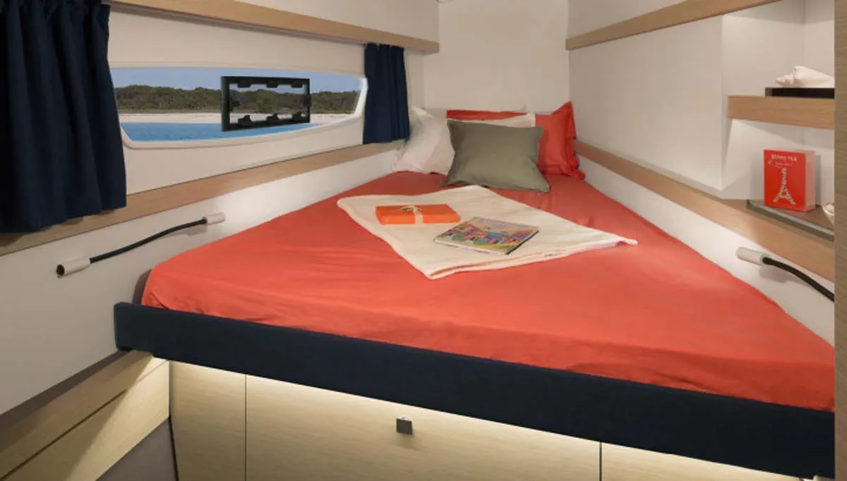Cabin on Luna Rossa II, a Fountaine Pajot Lucia 40 catamaran at Municipal Unit of Lefkada, Greece