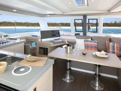 Galley of Luna Rossa II, a Fountaine Pajot Lucia 40 catamaran at Municipal Unit of Lefkada, Greece