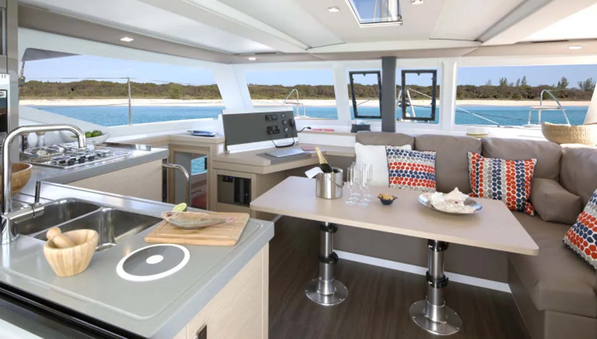 Galley of Luna Rossa II, a Fountaine Pajot Lucia 40 catamaran at Municipal Unit of Lefkada, Greece
