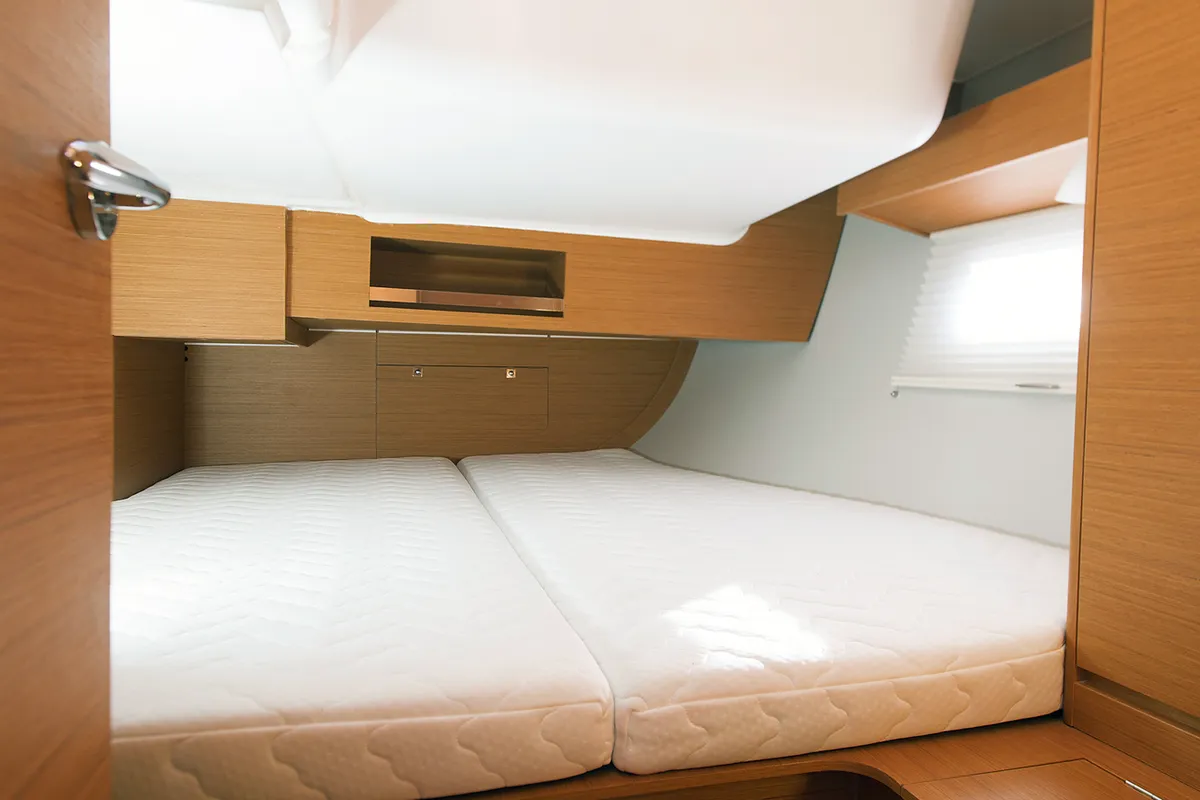 Cabin on Nagini, a Dufour 390 sailboat at Procida, Italy