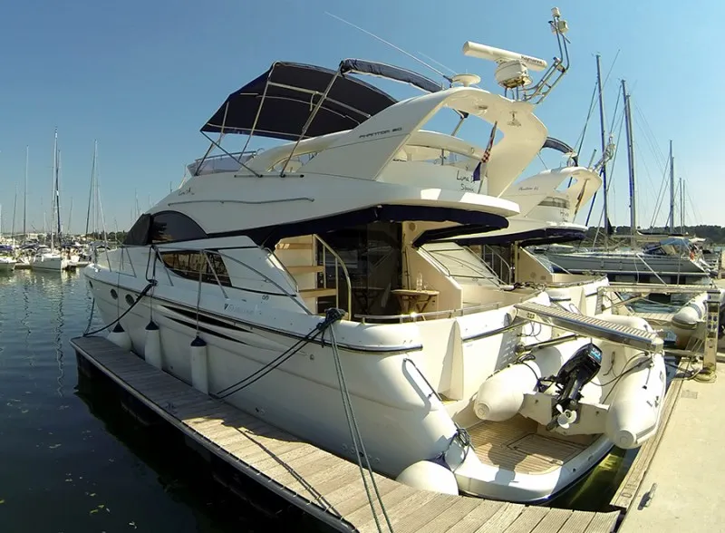 Exterior view of Luna IV, a Fairline Phantom 50 motor yacht at Grad Šibenik, Croatia