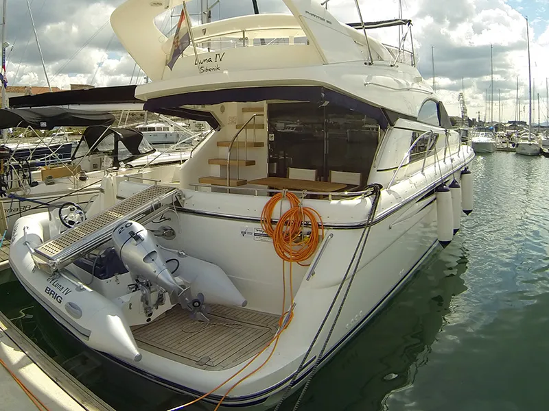 Exterior view of Luna IV, a Fairline Phantom 50 motor yacht at Grad Šibenik, Croatia