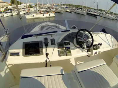 Cockpit of Luna IV, a Fairline Phantom 50 motor yacht at Grad Šibenik, Croatia