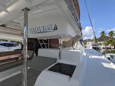 Deck of Serene Blue, a Fountaine Pajot Astrea 42 Maestro catamaran at Chesapeake, United States