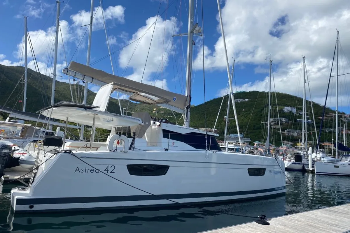 Exterior view of Serene Blue, a Fountaine Pajot Astrea 42 Maestro catamaran at Chesapeake, United States