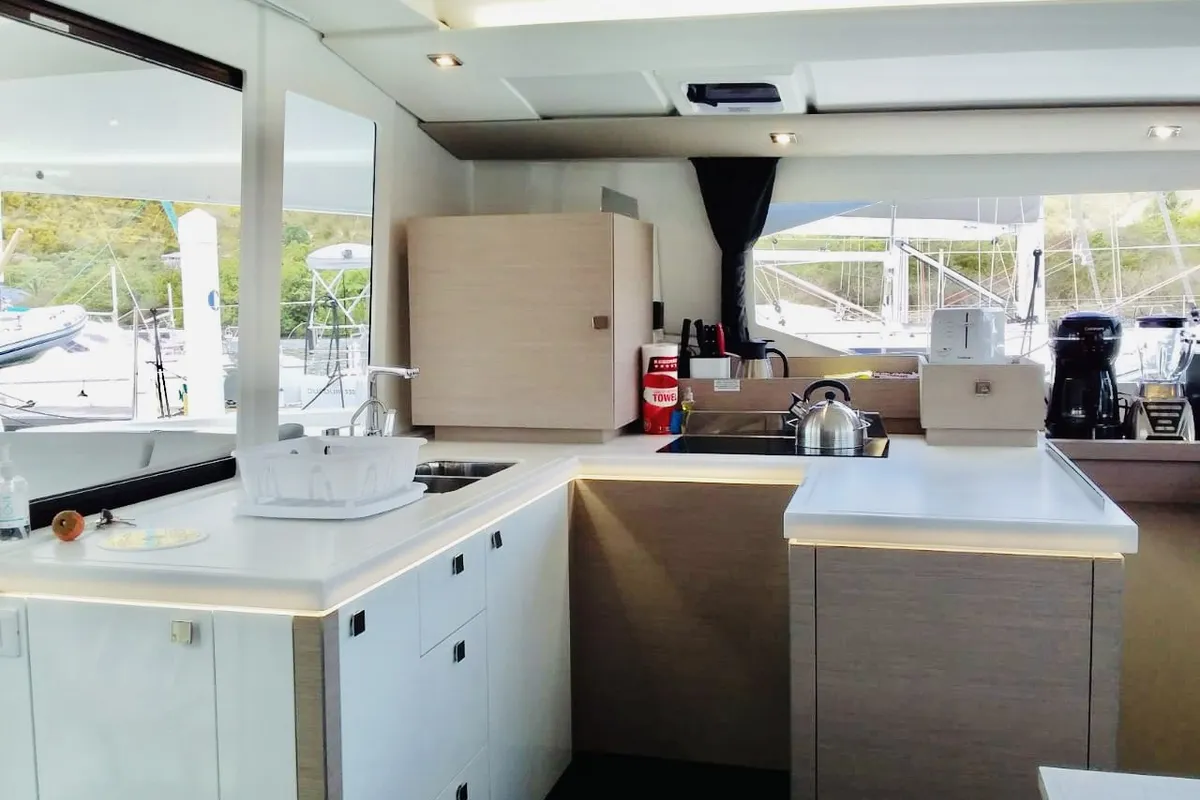 Galley of Serene Blue, a Fountaine Pajot Astrea 42 Maestro catamaran at Chesapeake, United States