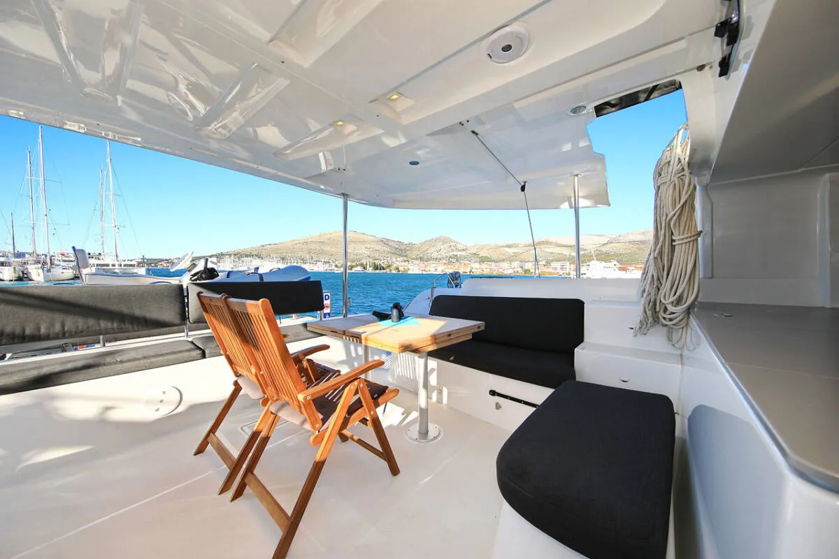 Deck of Mariposa, a Lagoon 46 catamaran at Kaštela, Croatia