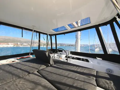 Cockpit of Mariposa, a Lagoon 46 catamaran at Kaštela, Croatia