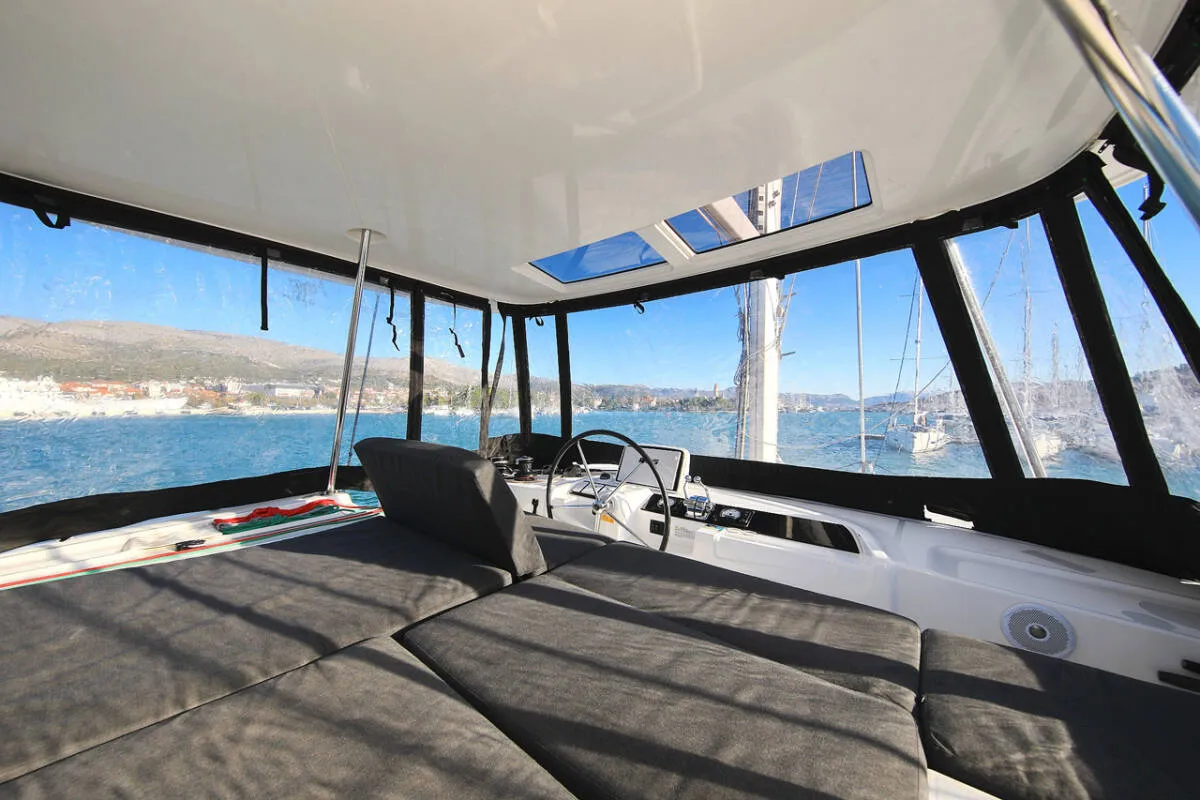 Cockpit of Mariposa, a Lagoon 46 catamaran at Kaštela, Croatia