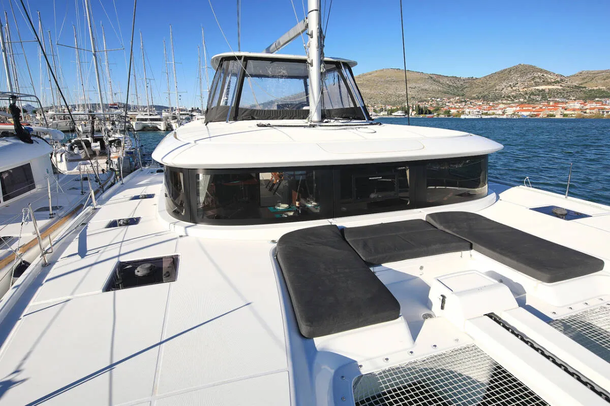 Deck of Mariposa, a Lagoon 46 catamaran at Kaštela, Croatia