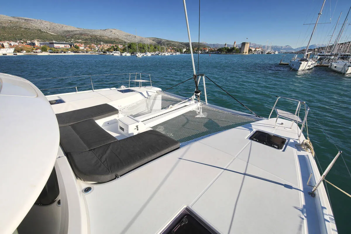 Deck of Mariposa, a Lagoon 46 catamaran at Kaštela, Croatia