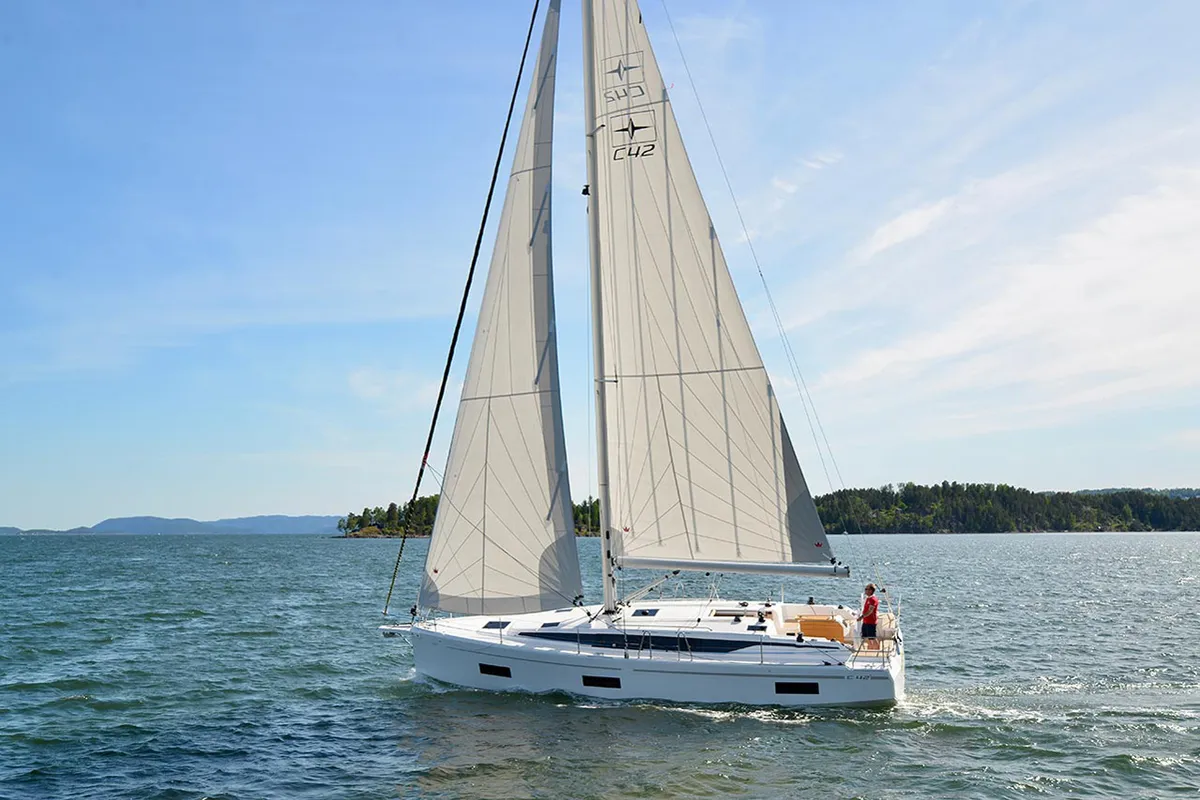Exterior view of Olivia, a Bavaria C42 sailboat at Castellammare di Stabia, Italy