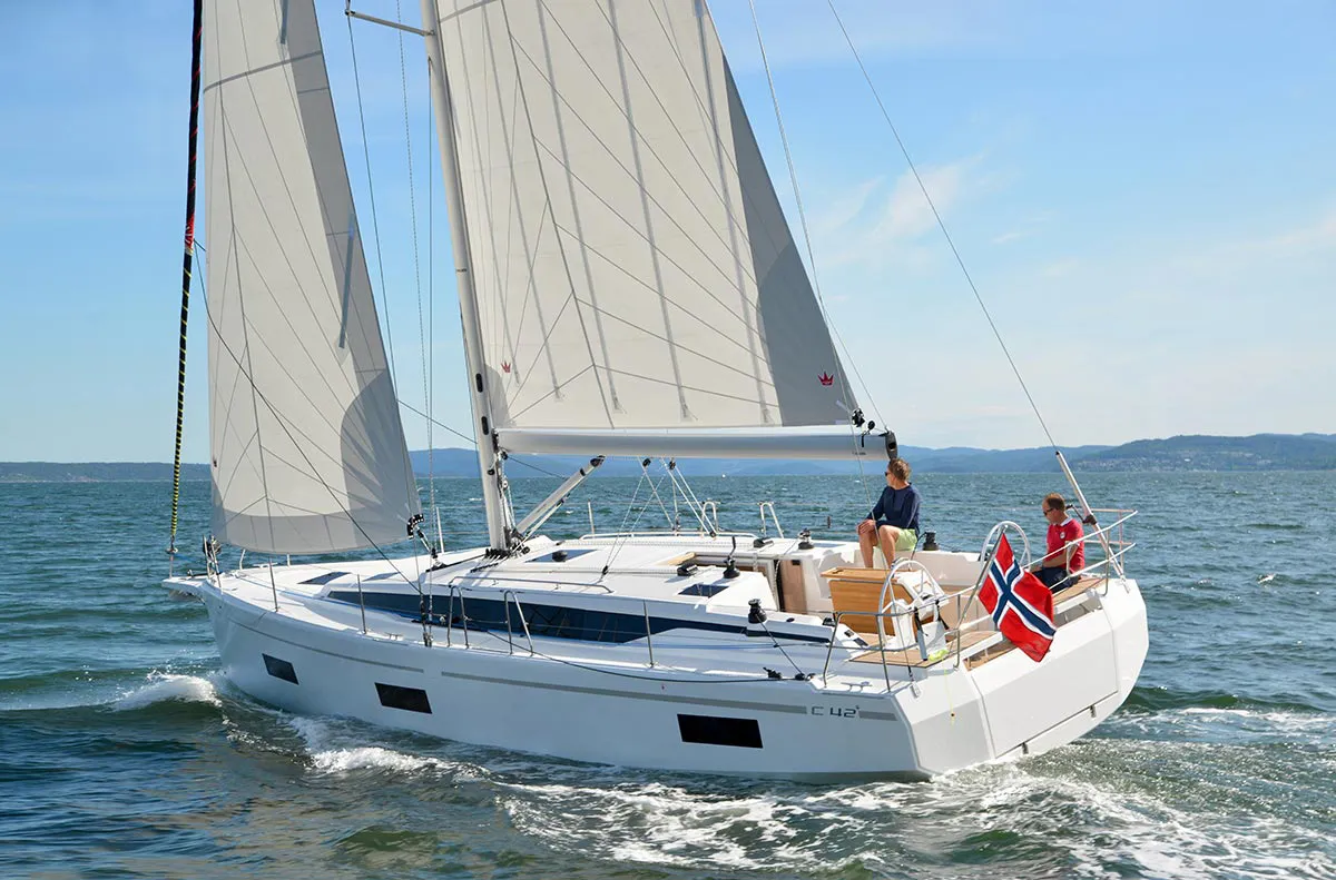 Exterior view of Olivia, a Bavaria C42 sailboat at Castellammare di Stabia, Italy