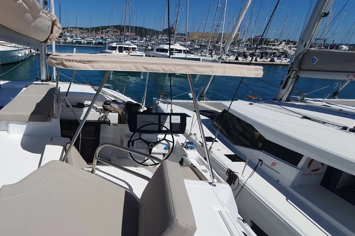 Skywalker, a Fountaine Pajot FP 44 Quatuor catamaran at Seget Donji, Croatia