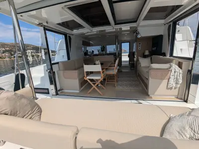 Deck of Leo, a Bali 4.2 catamaran at Lavreotiki Municipal Unit, Greece