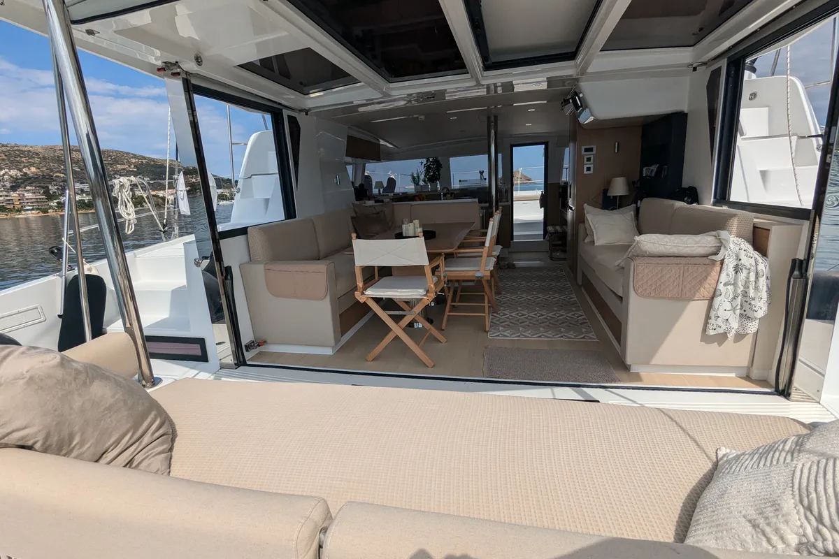 Deck of Leo, a Bali 4.2 catamaran at Lavreotiki Municipal Unit, Greece