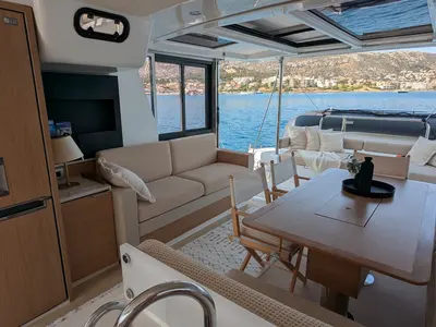 Salon of Leo, a Bali 4.2 catamaran at Lavreotiki Municipal Unit, Greece
