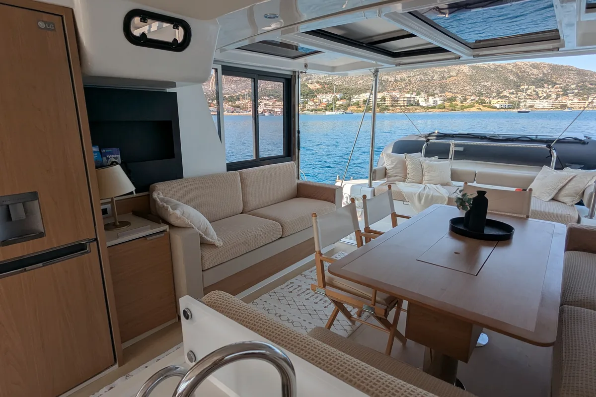 Salon of Leo, a Bali 4.2 catamaran at Lavreotiki Municipal Unit, Greece