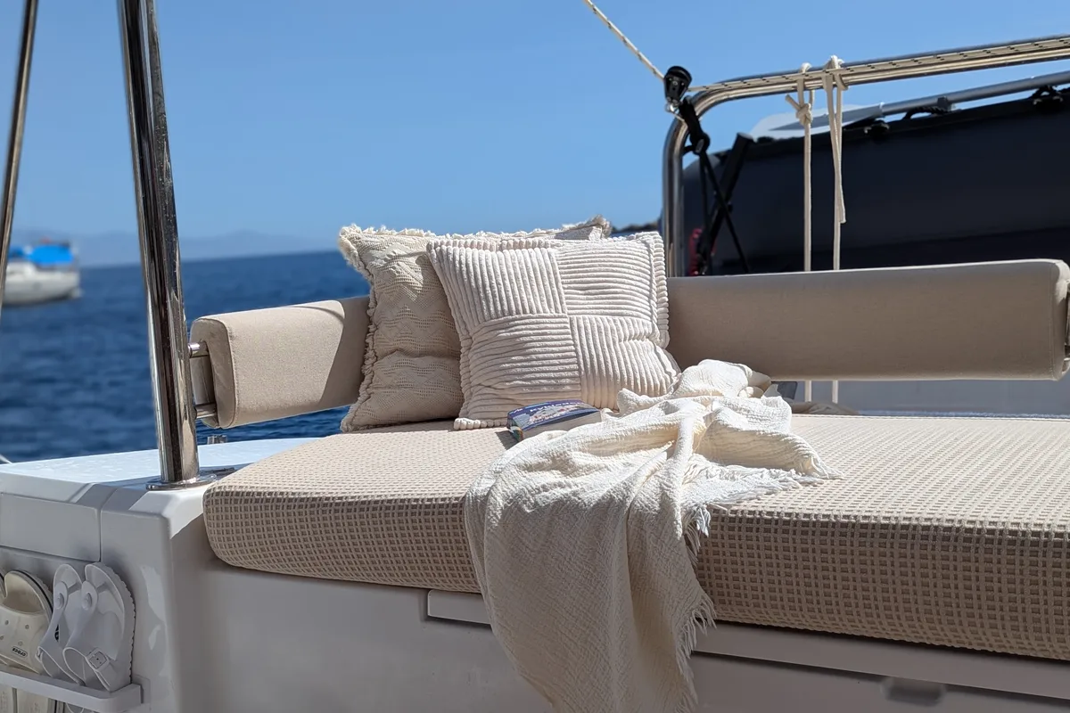 Deck of Leo, a Bali 4.2 catamaran at Lavreotiki Municipal Unit, Greece