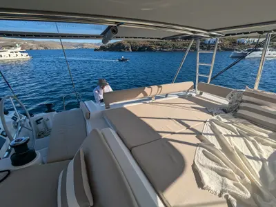 Cockpit of Leo, a Bali 4.2 catamaran at Lavreotiki Municipal Unit, Greece