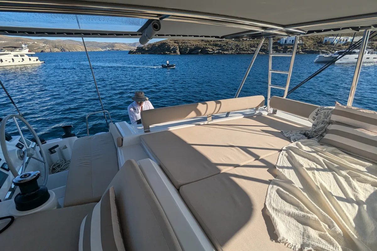 Cockpit of Leo, a Bali 4.2 catamaran at Lavreotiki Municipal Unit, Greece