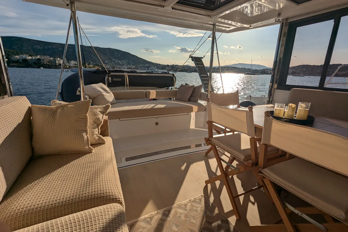 Deck of Leo, a Bali 4.2 catamaran at Lavreotiki Municipal Unit, Greece